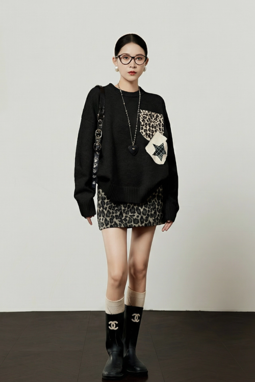 Leopard Round Neck Knit / Leopard Mini Skirt