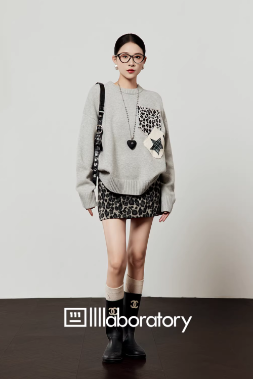 Leopard Round Neck Knit / Leopard Mini Skirt