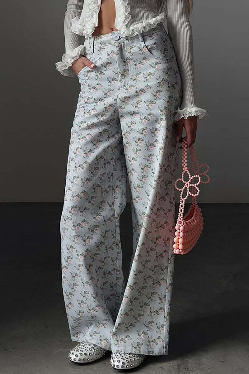 Light Blue Floral High Waist Wide Leg Jeans