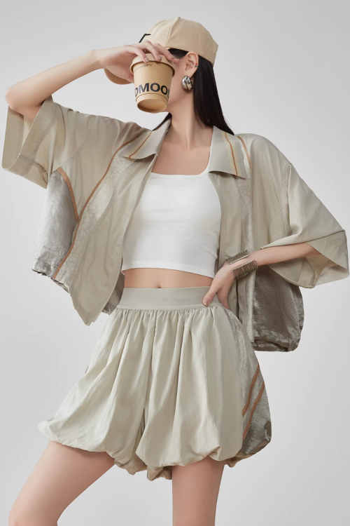 Line Short-Sleeve Jacket / Balloon Short Pants