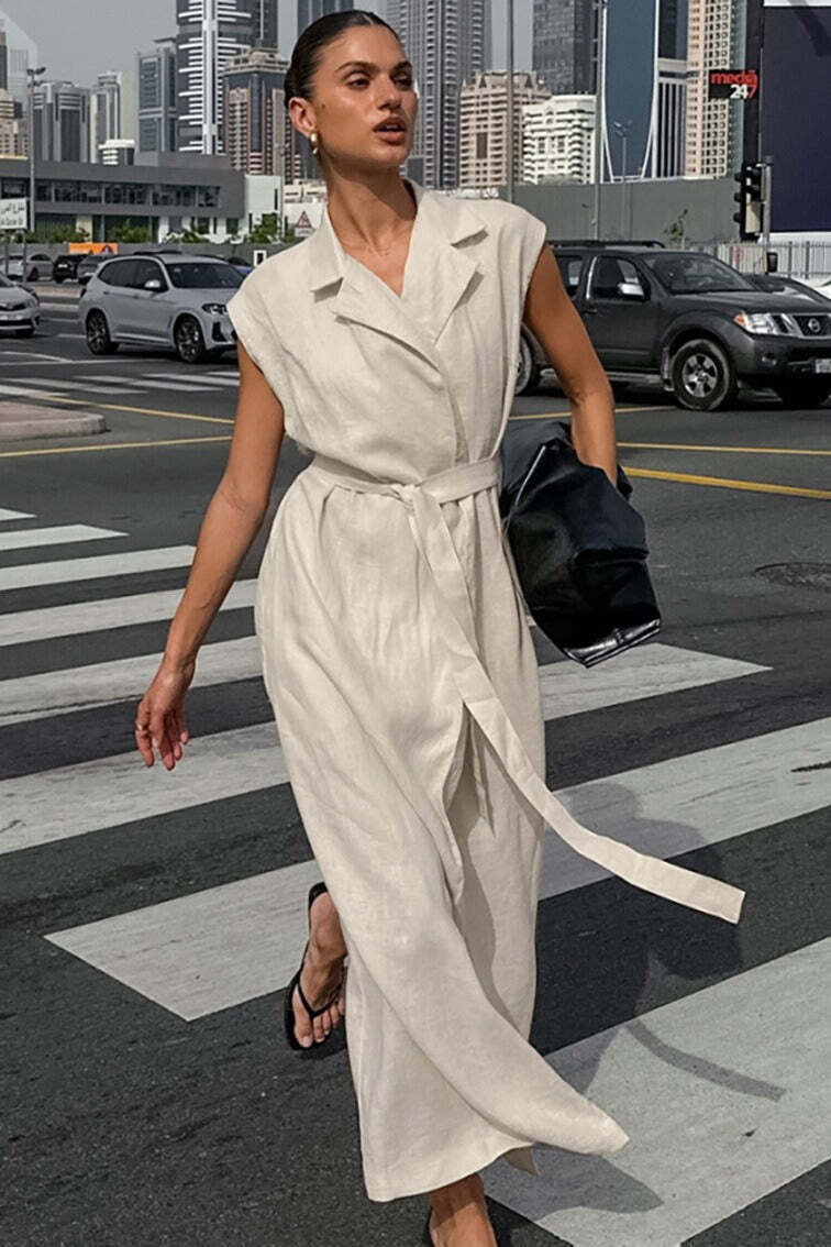 Linen Cotton High Waist Slit Tie Maxi Dress