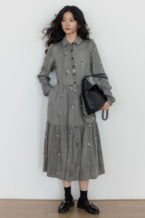 Long-Sleeve Shirt Flare Long Dress