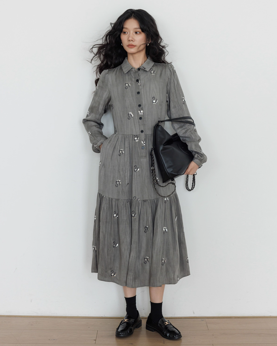 Long-Sleeve Shirt Flare Long Dress Long-Sleeve Shirt Flare Long Dress