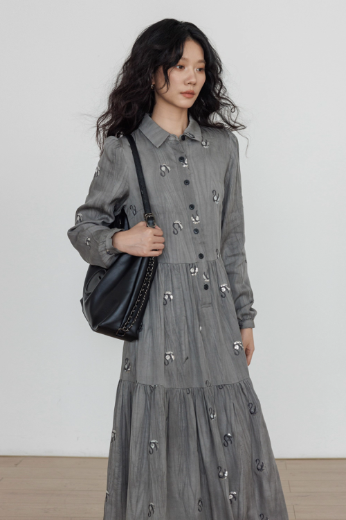 Long-Sleeve Shirt Flare Long Dress