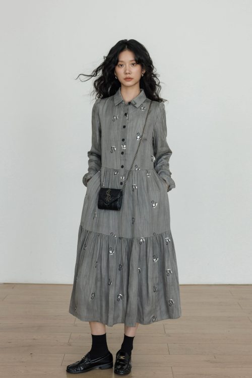 Long-Sleeve Shirt Flare Long Dress