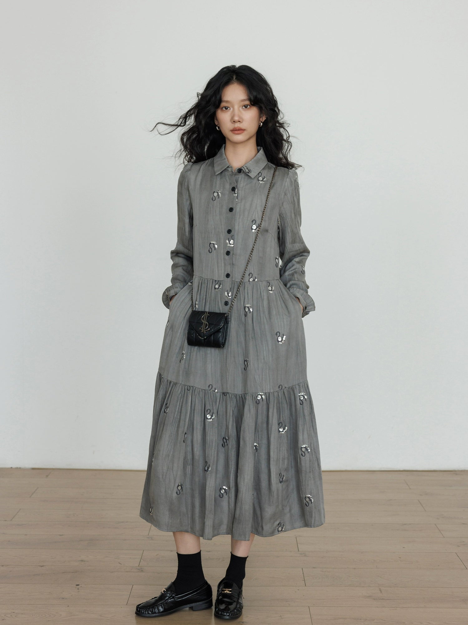 Long-Sleeve Shirt Flare Long Dress Long-Sleeve Shirt Flare Long Dress