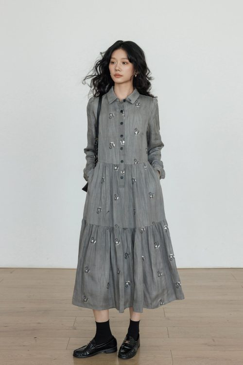 Long-Sleeve Shirt Flare Long Dress
