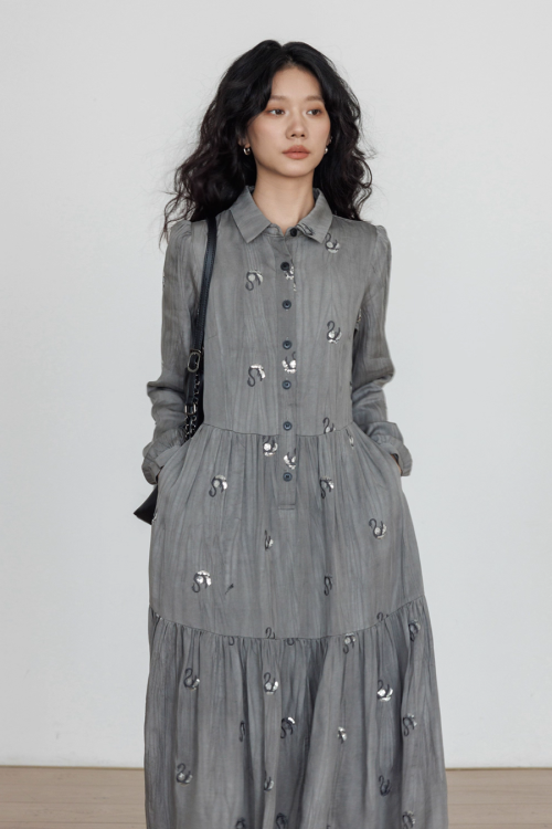 Long-Sleeve Shirt Flare Long Dress