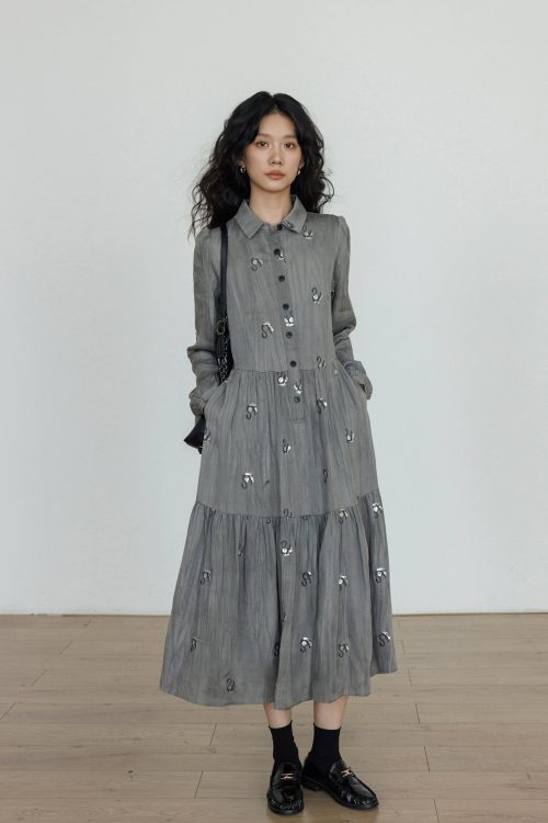 Long-Sleeve Shirt Flare Long Dress