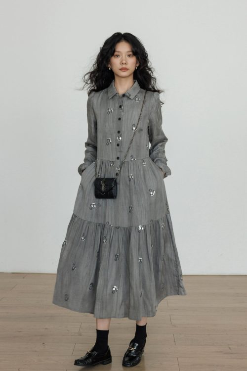 Long-Sleeve Shirt Flare Long Dress