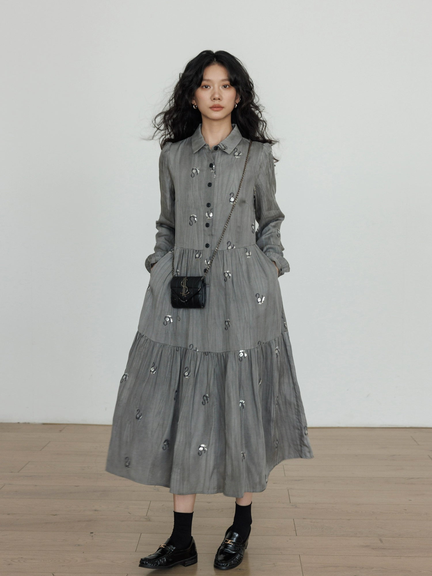 Long-Sleeve Shirt Flare Long Dress Long-Sleeve Shirt Flare Long Dress