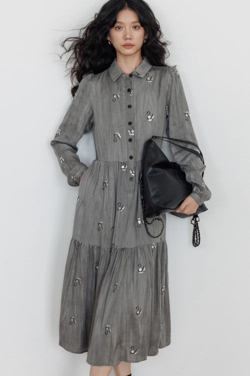 Long-Sleeve Shirt Flare Long Dress