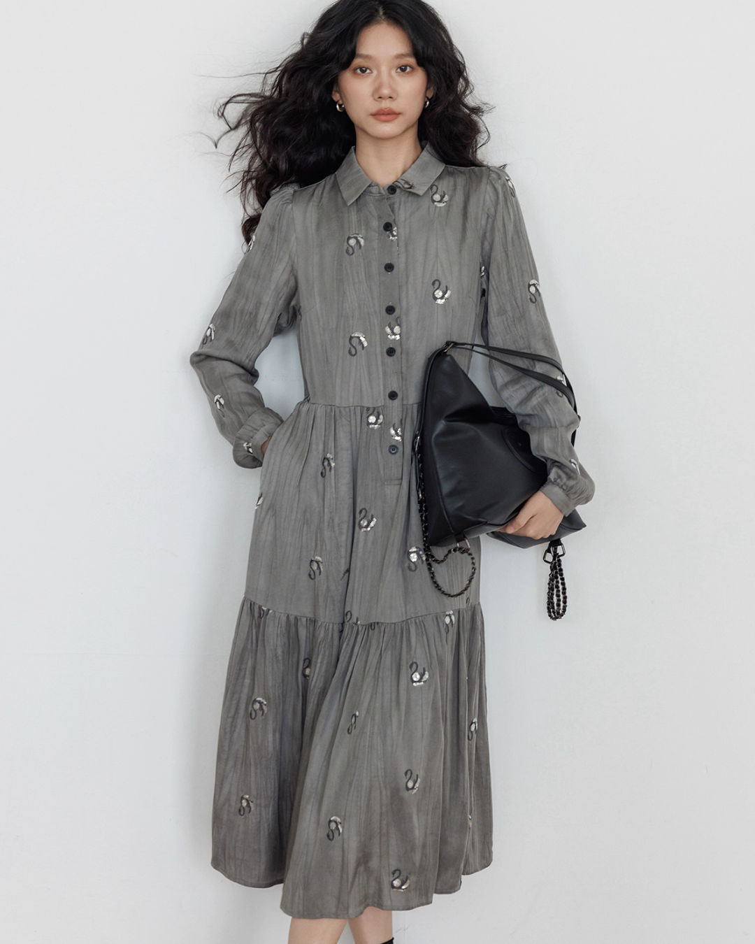 Long-Sleeve Shirt Flare Long Dress Long-Sleeve Shirt Flare Long Dress