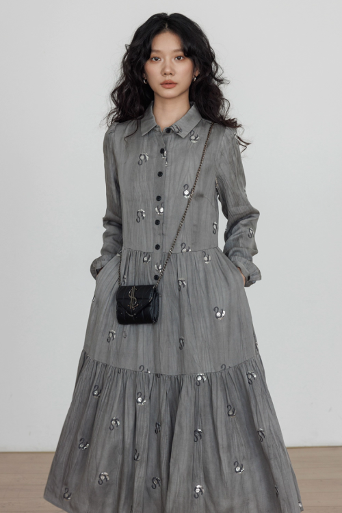 Long-Sleeve Shirt Flare Long Dress