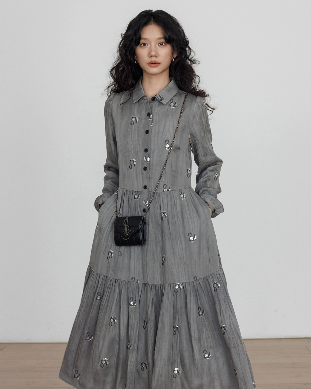 Long-Sleeve Shirt Flare Long Dress Long-Sleeve Shirt Flare Long Dress