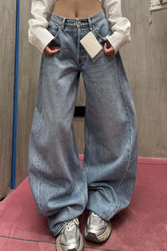 Loose Floor Length Curved Leg Washed Letter Embossed Jeans