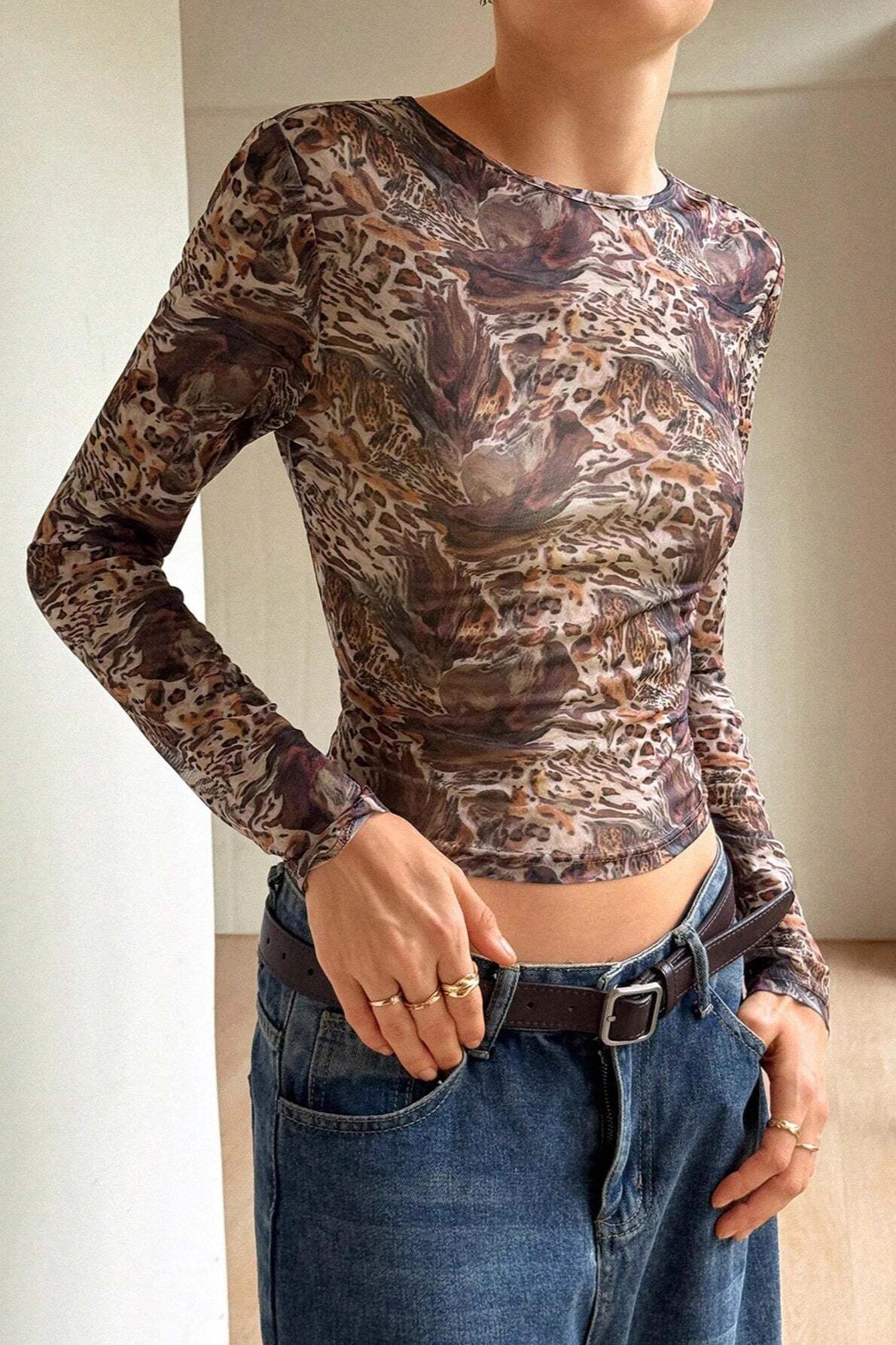 Mesh Sheer Leopard Print Slim Fit Long Sleeve Tee Mesh Sheer Leopard Print Slim Fit Long Sleeve Tee