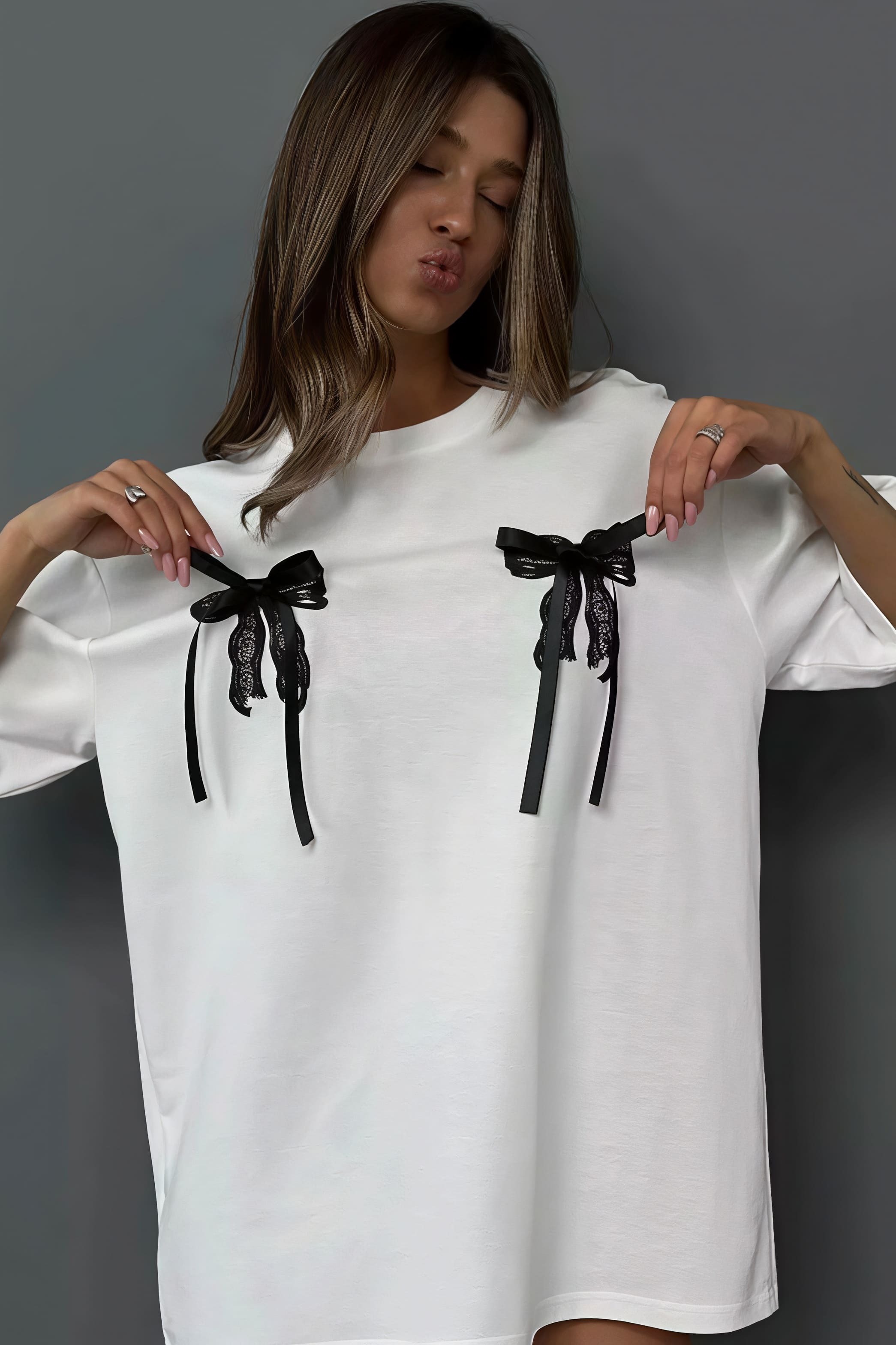 Minimalist Casual 3D Bow Lace Short Sleeve T-shirt Minimalist Casual 3D Bow Lace Short Sleeve T-shirt