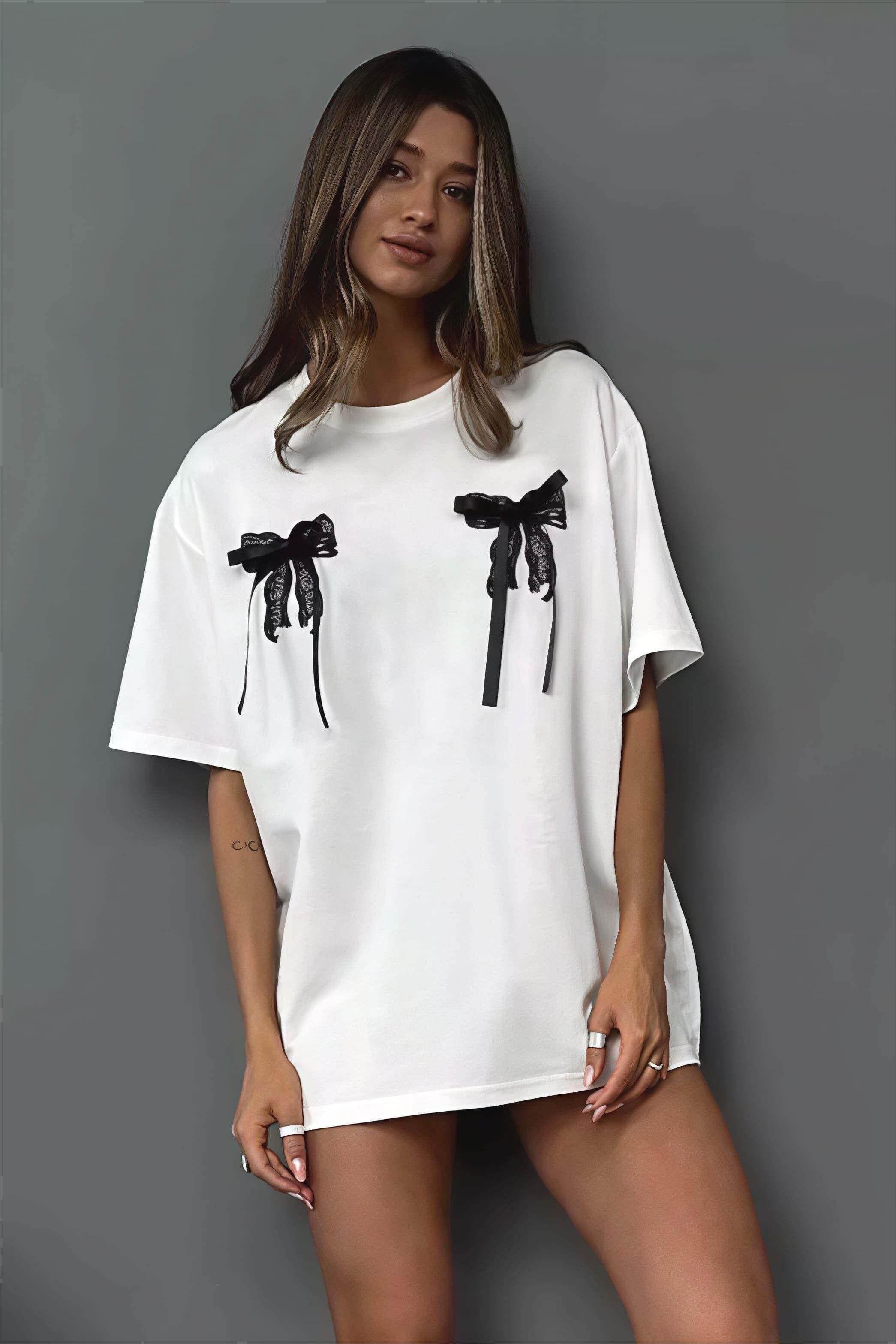 Minimalist Casual 3D Bow Lace Short Sleeve T-shirt