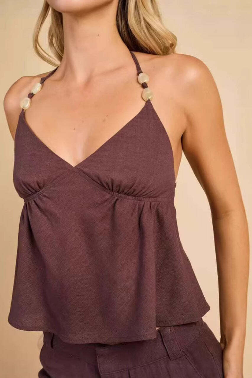 Minimalist Sexy Solid Beaded Halter Top