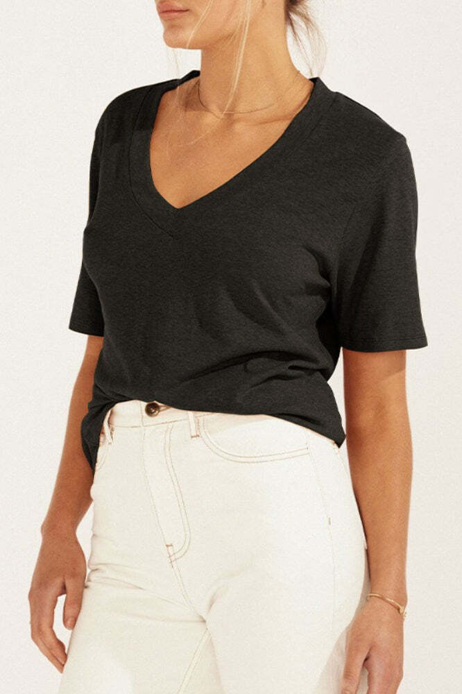 Minimalist Solid Deep V Neck Slub Cotton Loose T-shirt Minimalist Solid Deep V Neck Slub Cotton Loose T-shirt