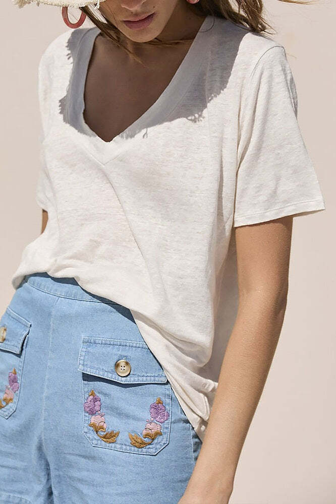 Minimalist Solid Deep V Neck Slub Cotton Loose T-shirt Minimalist Solid Deep V Neck Slub Cotton Loose T-shirt