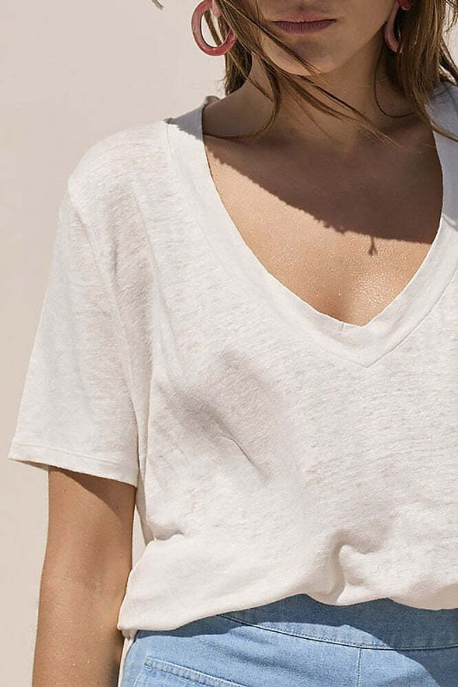 Minimalist Solid Deep V Neck Slub Cotton Loose T-shirt Minimalist Solid Deep V Neck Slub Cotton Loose T-shirt