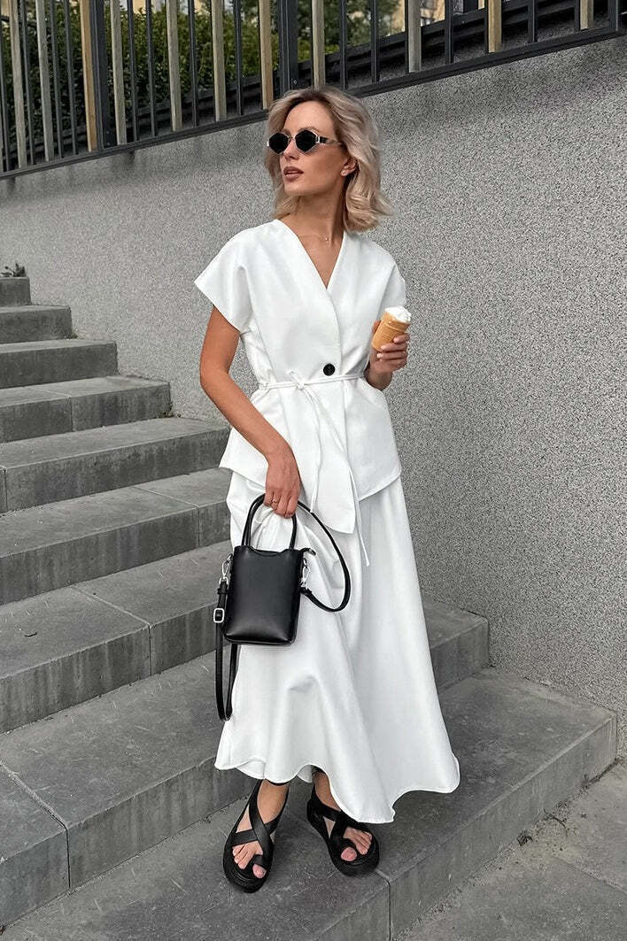 Minimalist Tie Sleeveless Midi A Line Skirt Set