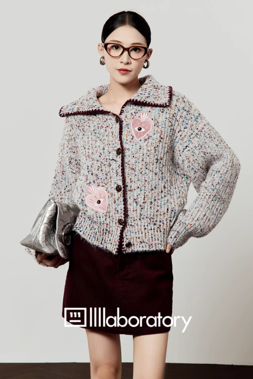 Mixed Color Knit Cardigan / Dark Purple Skirt