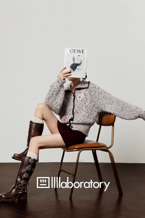 Mixed Color Knit Cardigan / Dark Purple Skirt