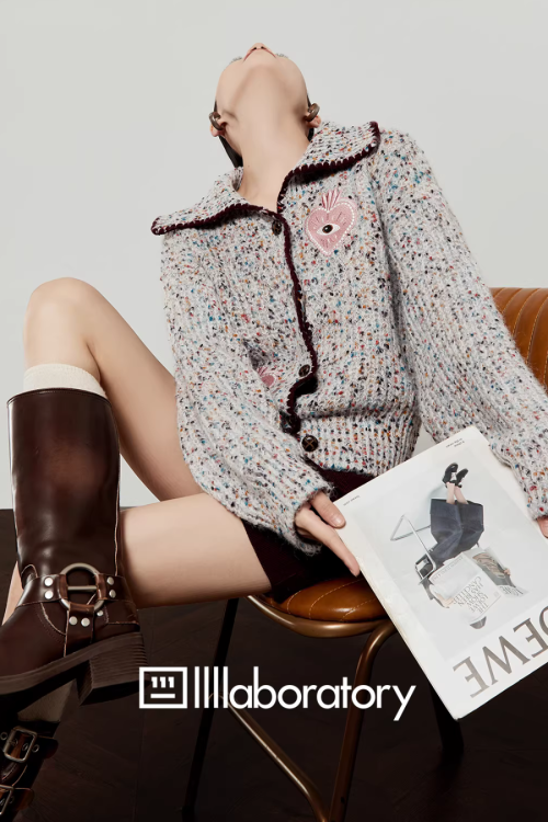 Mixed Color Knit Cardigan / Dark Purple Skirt