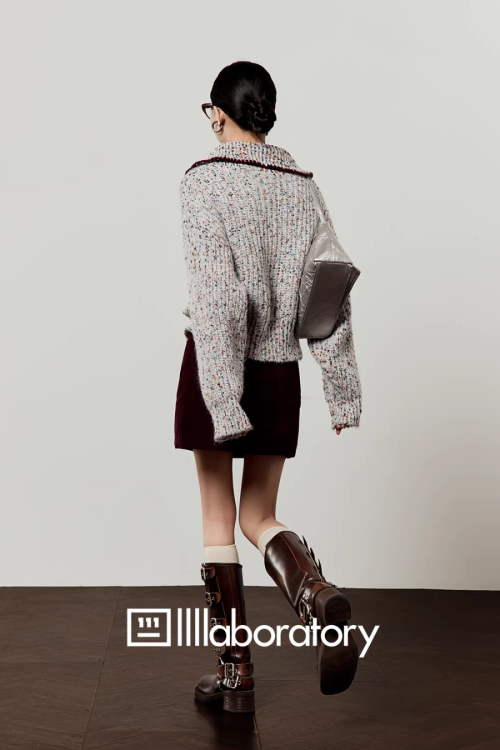 Mixed Color Knit Cardigan / Dark Purple Skirt