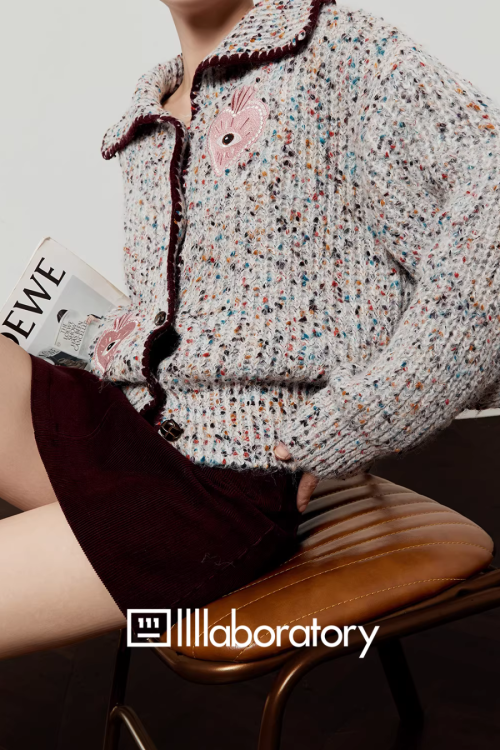 Mixed Color Knit Cardigan / Dark Purple Skirt