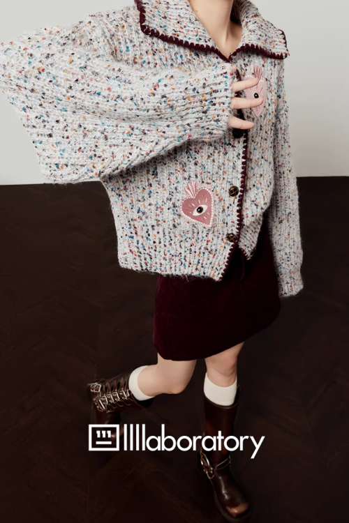 Mixed Color Knit Cardigan / Dark Purple Skirt