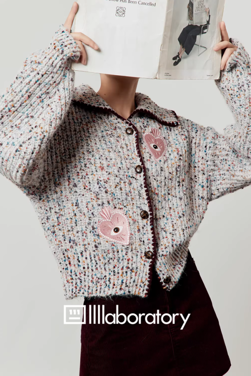 Mixed Color Knit Cardigan / Dark Purple Skirt