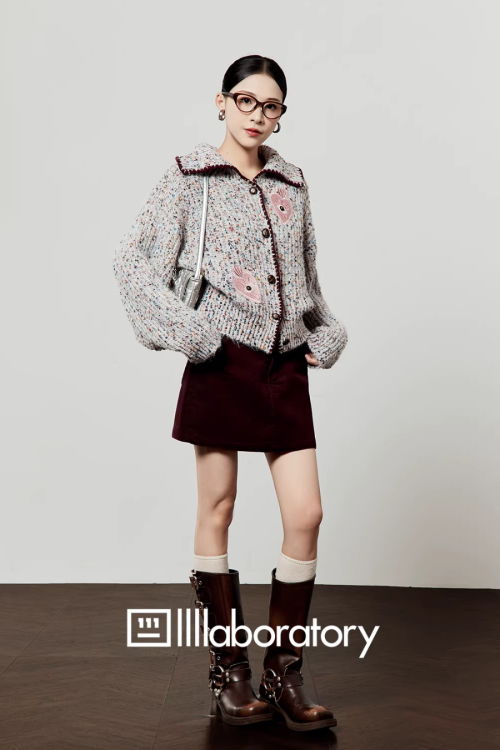 Mixed Color Knit Cardigan / Dark Purple Skirt