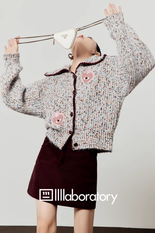 Mixed Color Knit Cardigan / Dark Purple Skirt