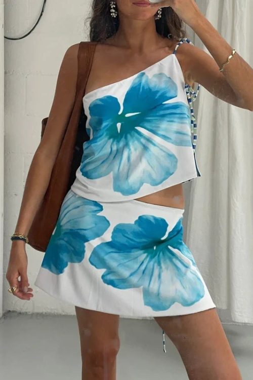 Multi-wear style Floral Print Mini Skirt Crop Tops Women Slim Low Waist Side Split Tie-Up Bodycon Skirt Y2K Vintage Streetwear