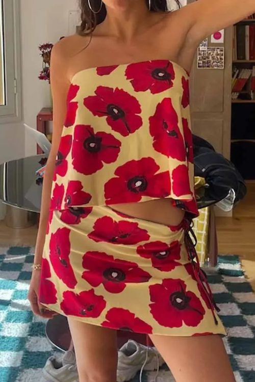 Multi-wear style Floral Print Mini Skirt Crop Tops Women Slim Low Waist Side Split Tie-Up Bodycon Skirt Y2K Vintage Streetwear