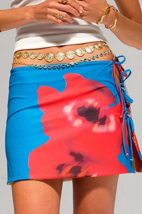 Multi-wear style Floral Print Mini Skirt Crop Tops Women Slim Low Waist Side Split Tie-Up Bodycon Skirt Y2K Vintage Streetwear