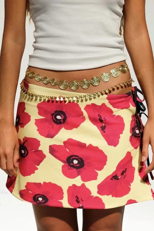 Multi-wear style Floral Print Mini Skirt Crop Tops Women Slim Low Waist Side Split Tie-Up Bodycon Skirt Y2K Vintage Streetwear