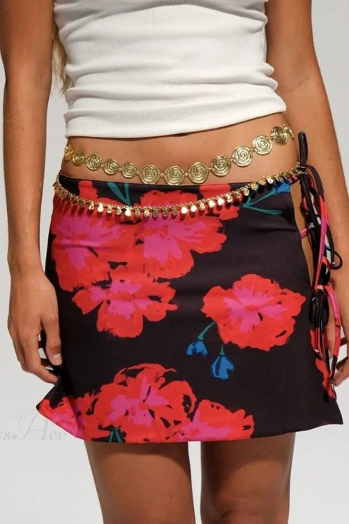 Multi-wear style Floral Print Mini Skirt Crop Tops Women Slim Low Waist Side Split Tie-Up Bodycon Skirt Y2K Vintage Streetwear