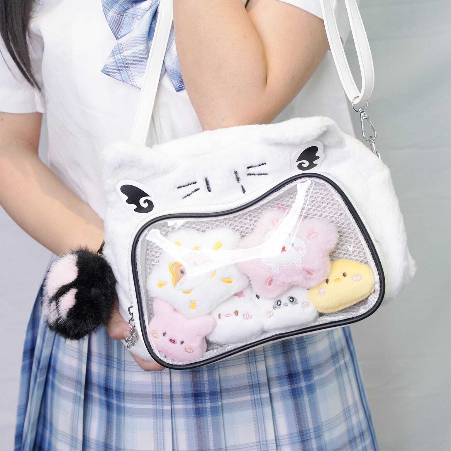 Multicolored Kawaii Ita Shoulder Bag with Clear Window for Plushies and Pins Multicolored Kawaii Ita Shoulder Bag with Clear Window for Plushies and Pins