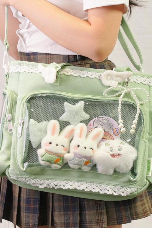 Multicolored Kawaii Ita Shoulder Bag with Clear Window for Plushies and Pins