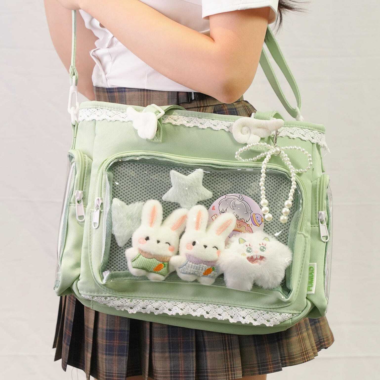 Multicolored Kawaii Ita Shoulder Bag with Clear Window for Plushies and Pins Multicolored Kawaii Ita Shoulder Bag with Clear Window for Plushies and Pins