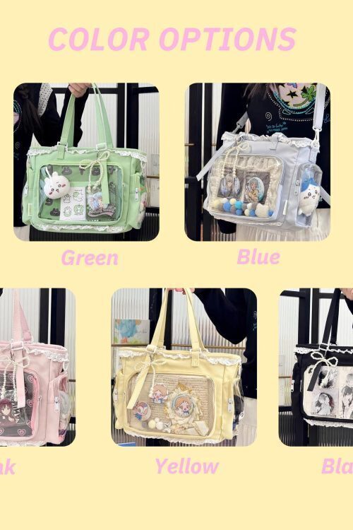 Multicolored Kawaii Ita Shoulder Bag with Clear Window for Plushies and Pins