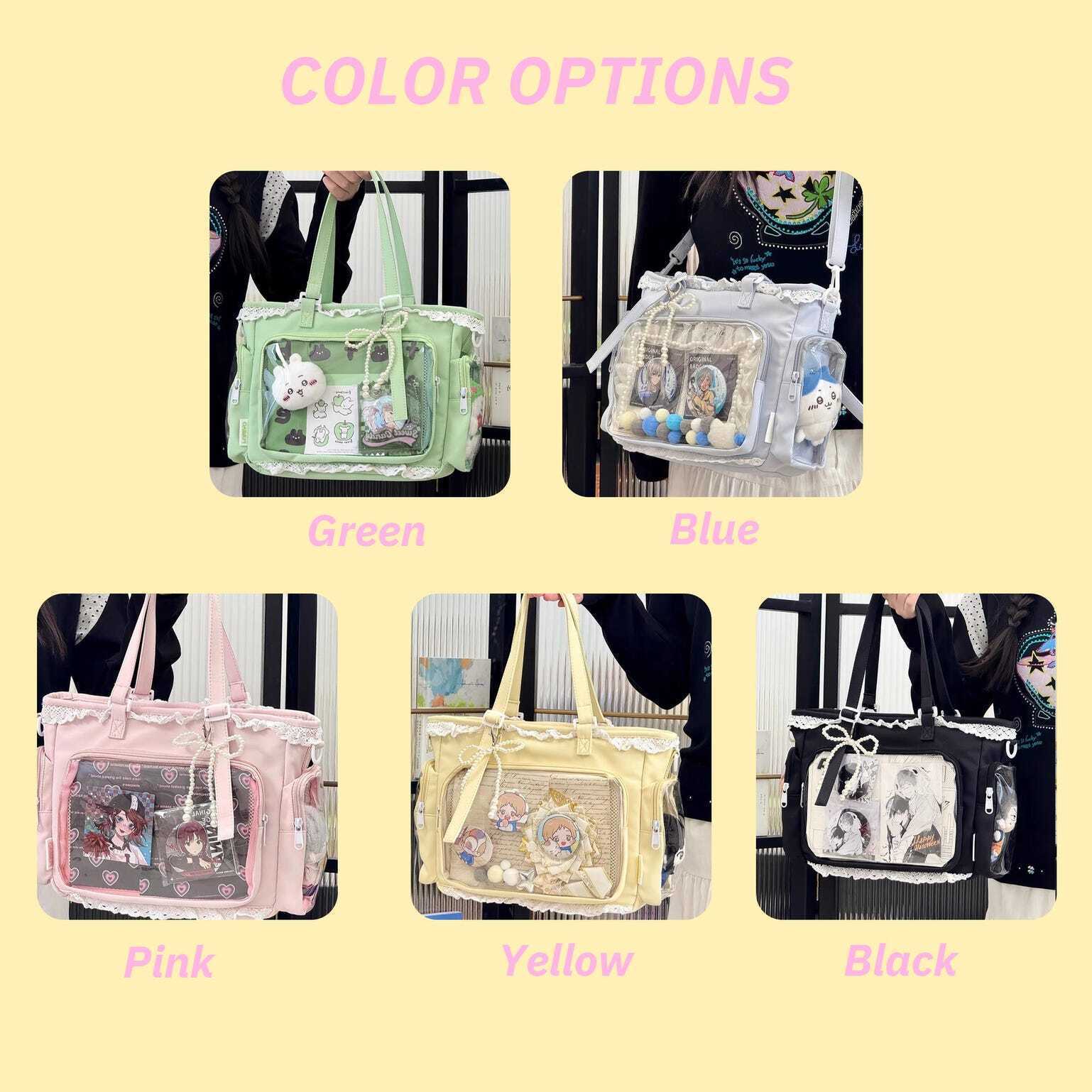 Multicolored Kawaii Ita Shoulder Bag with Clear Window for Plushies and Pins Multicolored Kawaii Ita Shoulder Bag with Clear Window for Plushies and Pins