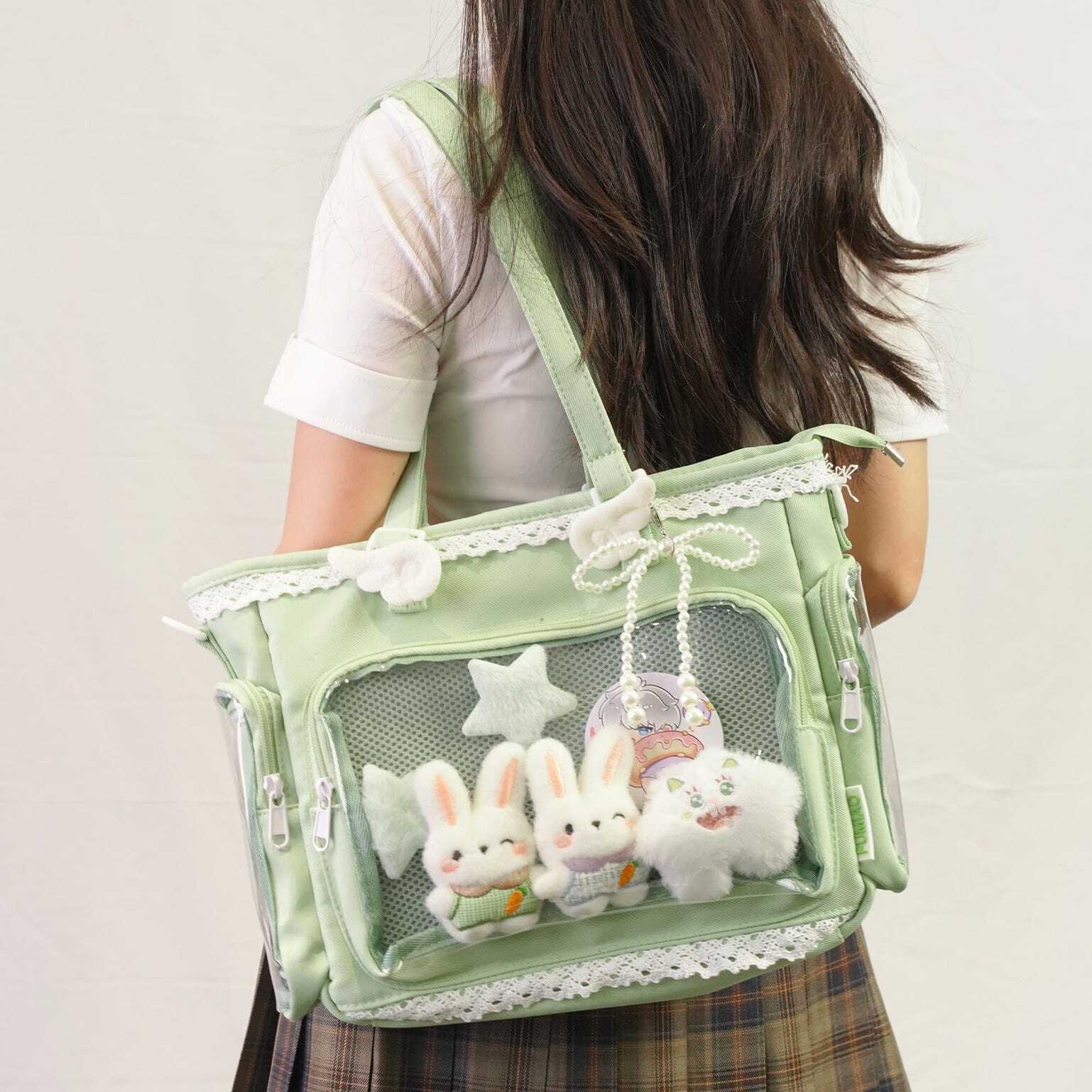 Multicolored Kawaii Ita Shoulder Bag with Clear Window for Plushies and Pins Multicolored Kawaii Ita Shoulder Bag with Clear Window for Plushies and Pins