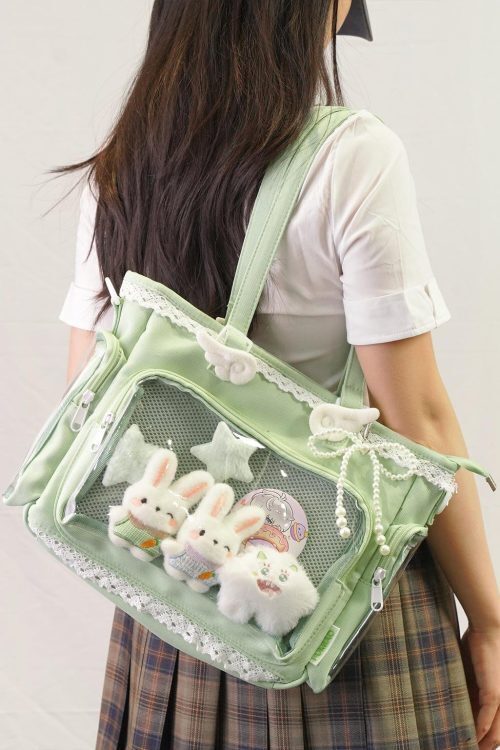 Multicolored Kawaii Ita Shoulder Bag with Clear Window for Plushies and Pins