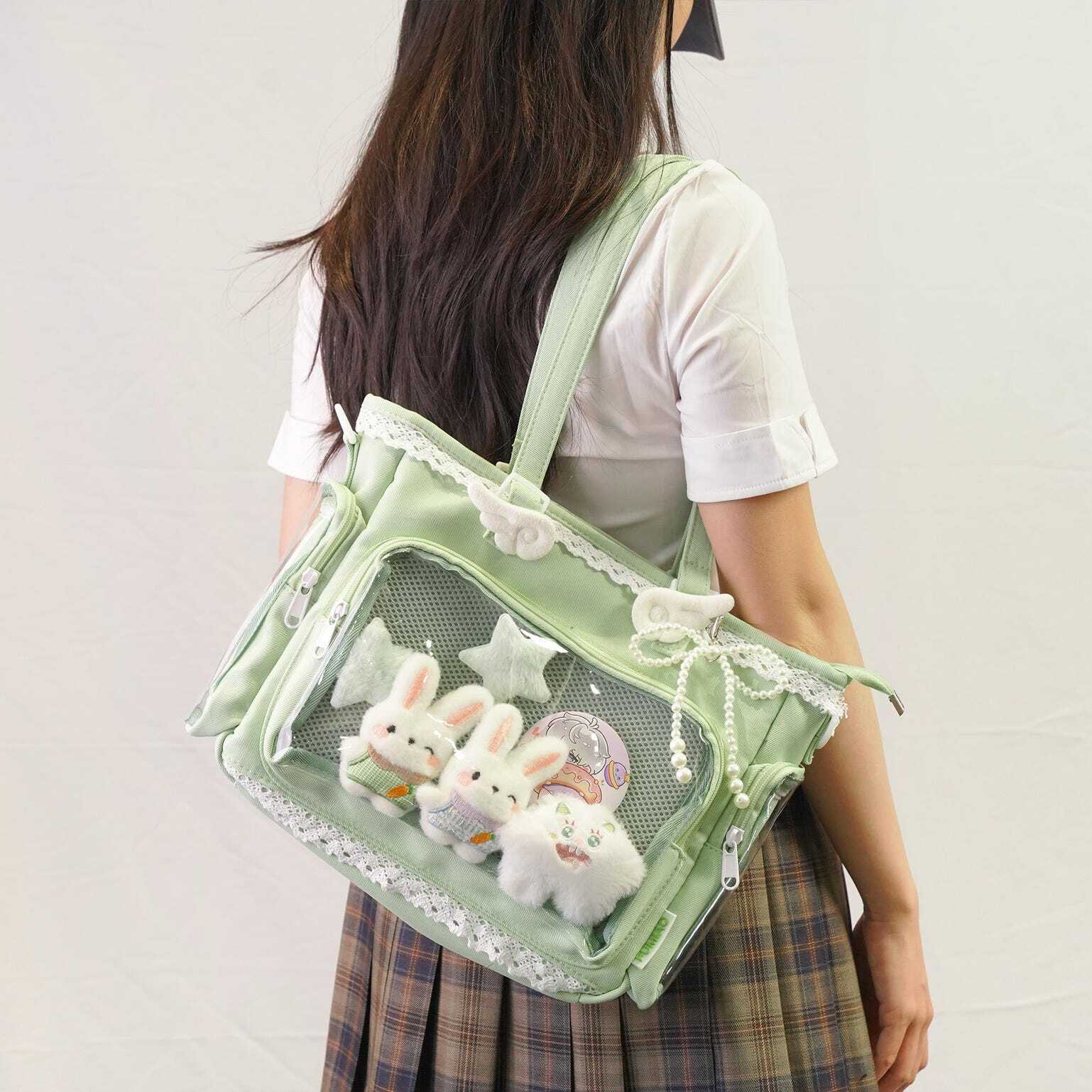 Multicolored Kawaii Ita Shoulder Bag with Clear Window for Plushies and Pins Multicolored Kawaii Ita Shoulder Bag with Clear Window for Plushies and Pins